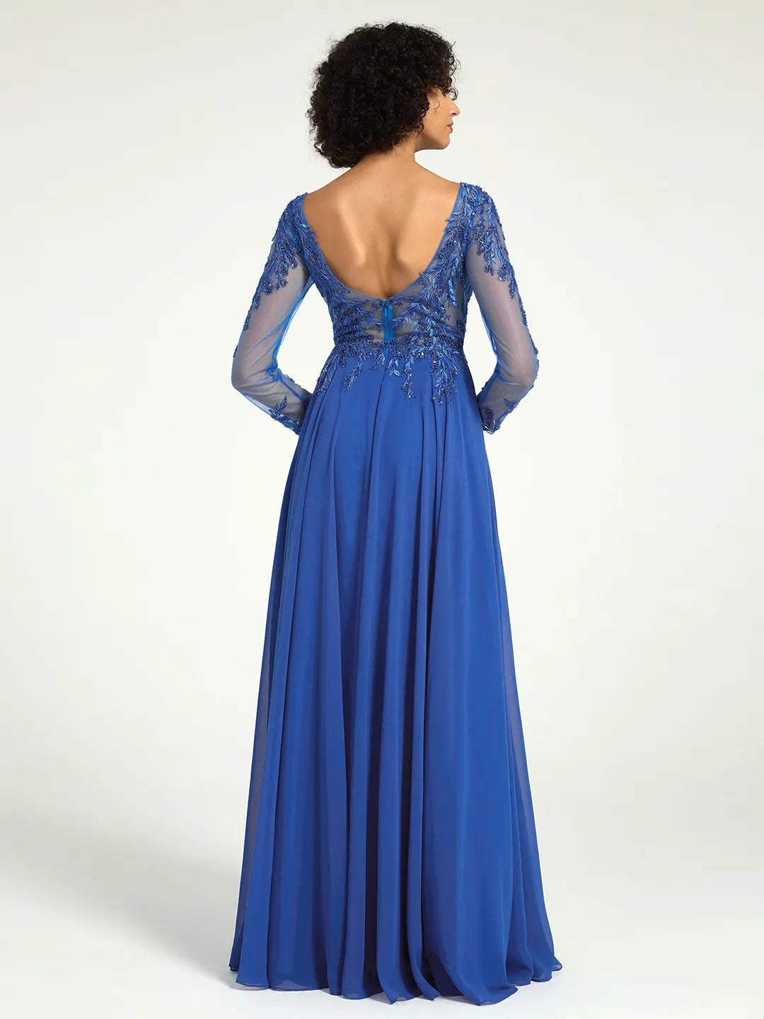 Royal Blue Long Sleeve Mother of the Bride Dress with Lace Embroidery & Sequin Accents