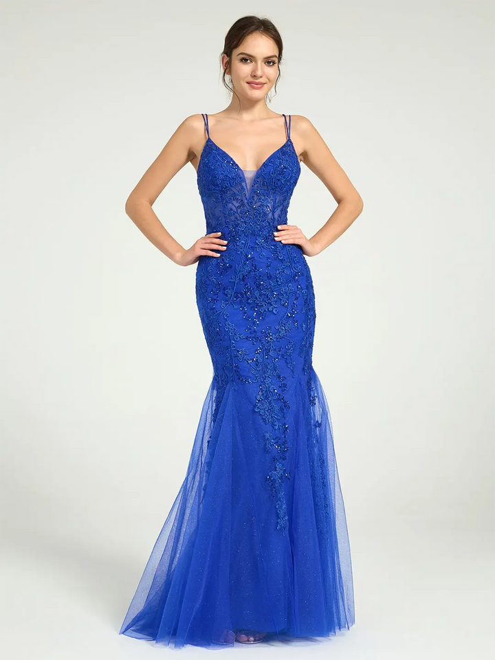 Royal Blue V-Neck Lace-Up Mermaid Tulle Maxi Formal Prom Dress with Sequin Lace