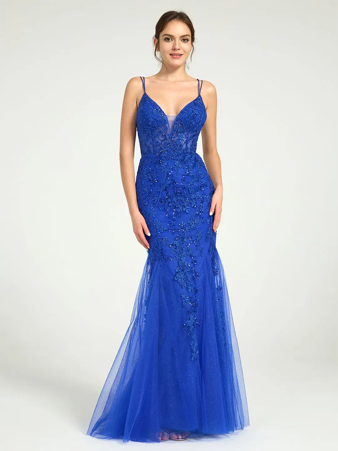 Royal Blue V-Neck Lace-Up Mermaid Tulle Maxi Formal Prom Dress with Sequin Lace