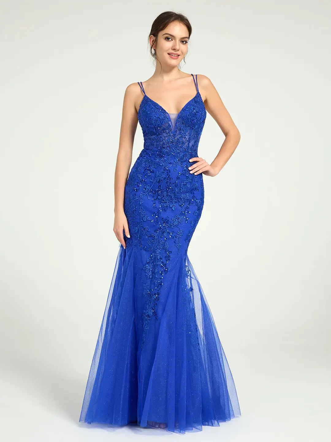 Royal Blue V-Neck Lace-Up Mermaid Tulle Maxi Formal Prom Dress with Sequin Lace