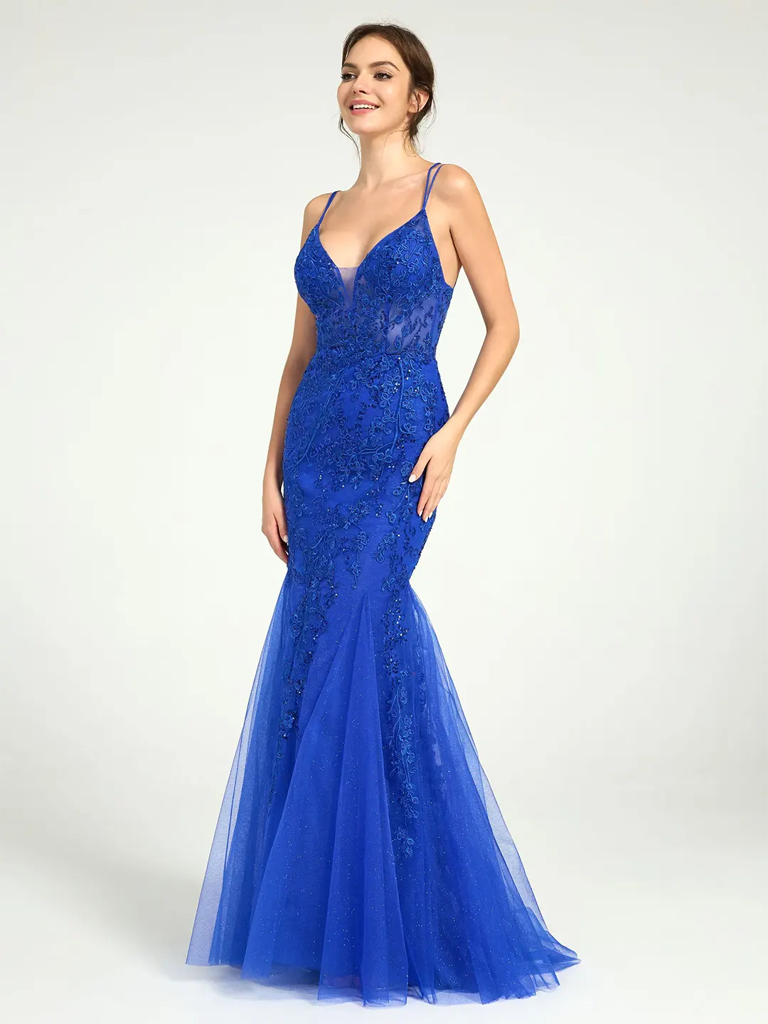 Royal Blue V-Neck Lace-Up Mermaid Tulle Maxi Formal Prom Dress with Sequin Lace