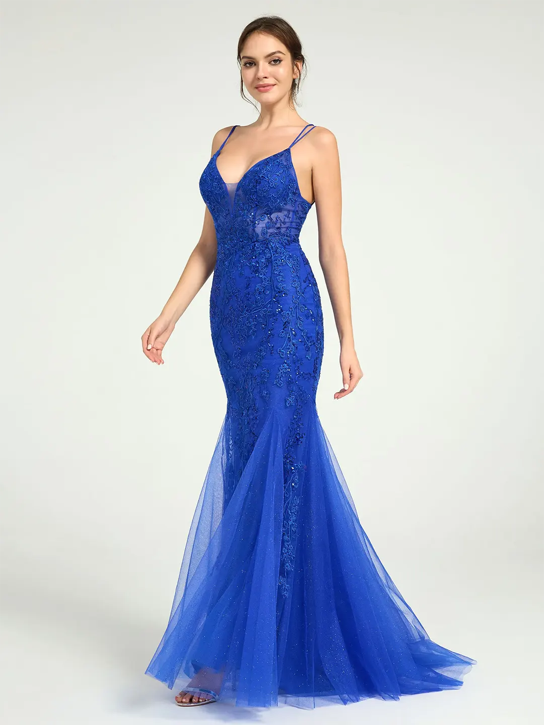 Royal Blue V-Neck Lace-Up Mermaid Tulle Maxi Formal Prom Dress with Sequin Lace