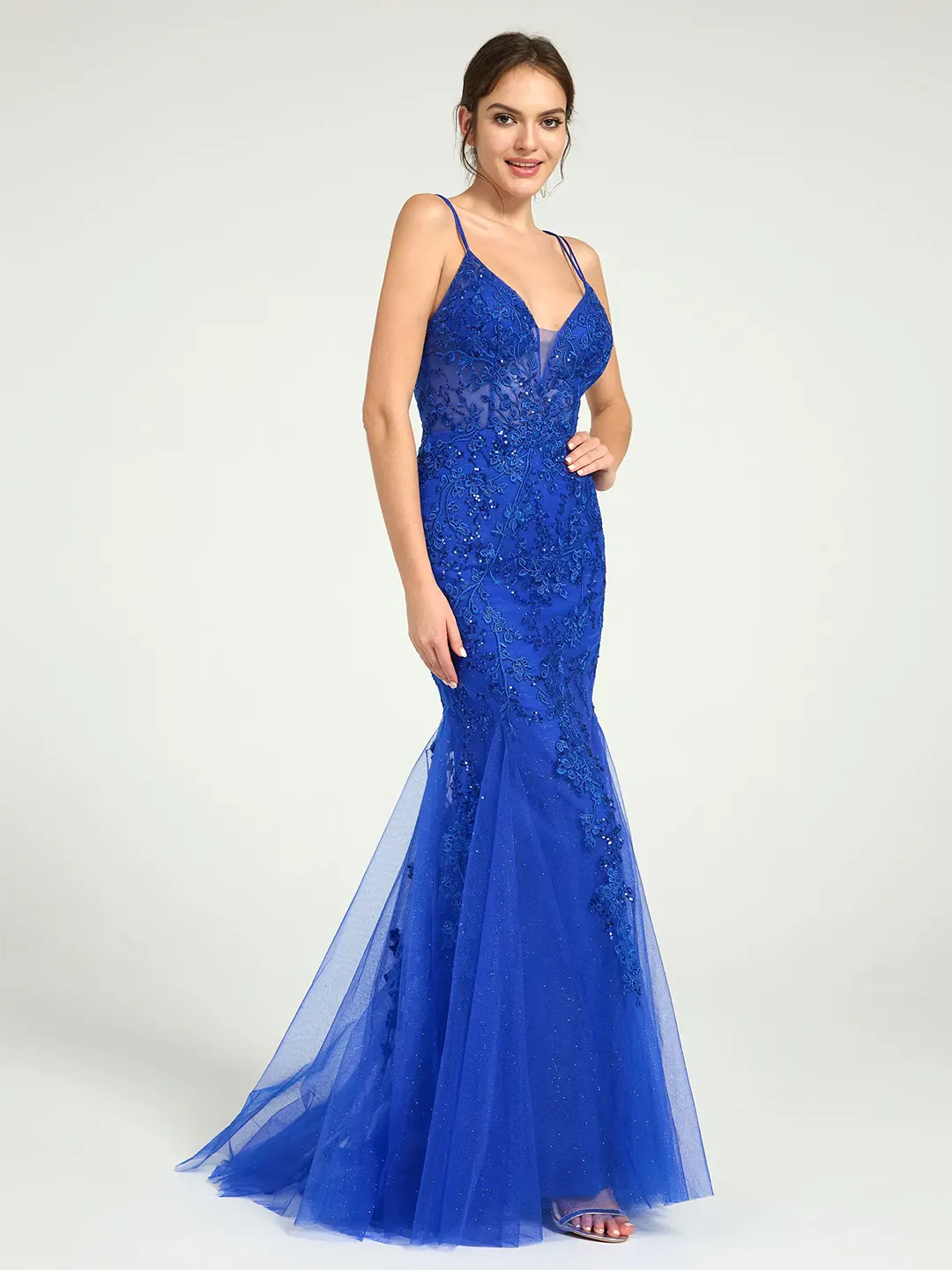 Royal Blue V-Neck Lace-Up Mermaid Tulle Maxi Formal Prom Dress with Sequin Lace