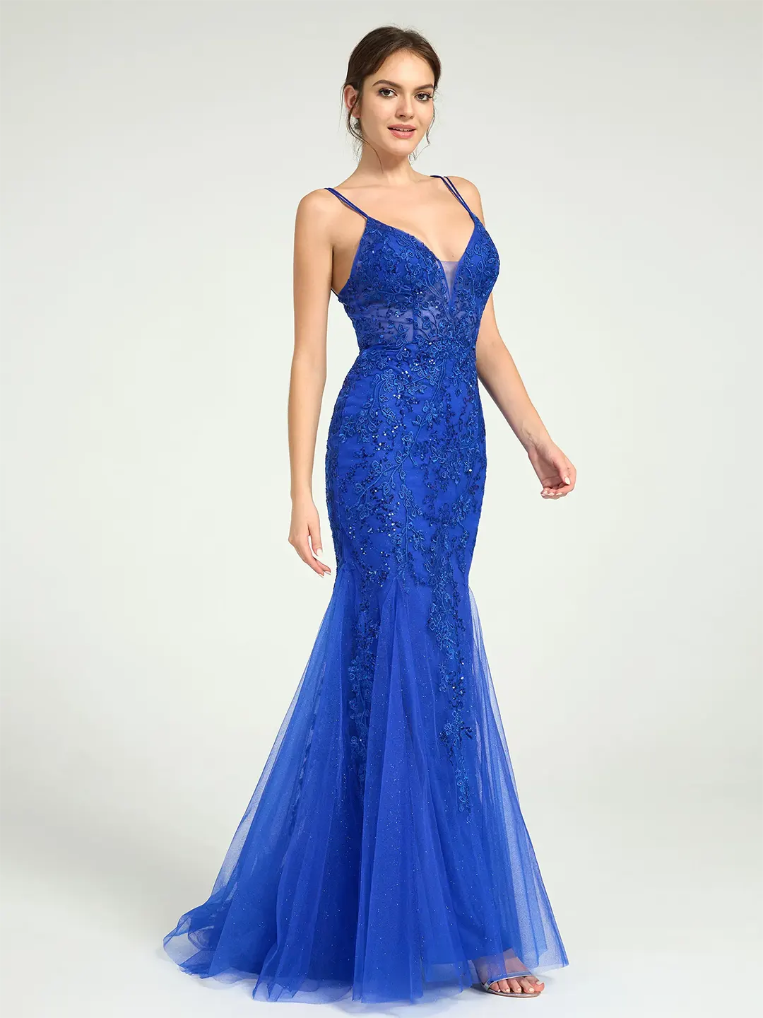 Royal Blue V-Neck Lace-Up Mermaid Tulle Maxi Formal Prom Dress with Sequin Lace