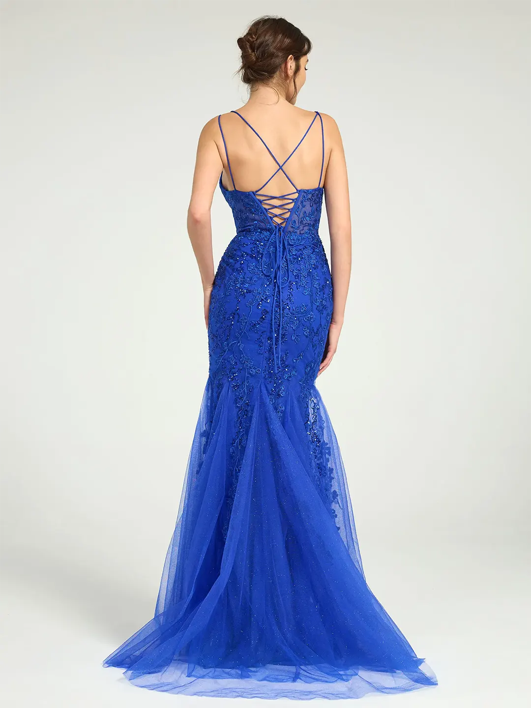 Royal Blue V-Neck Lace-Up Mermaid Tulle Maxi Formal Prom Dress with Sequin Lace