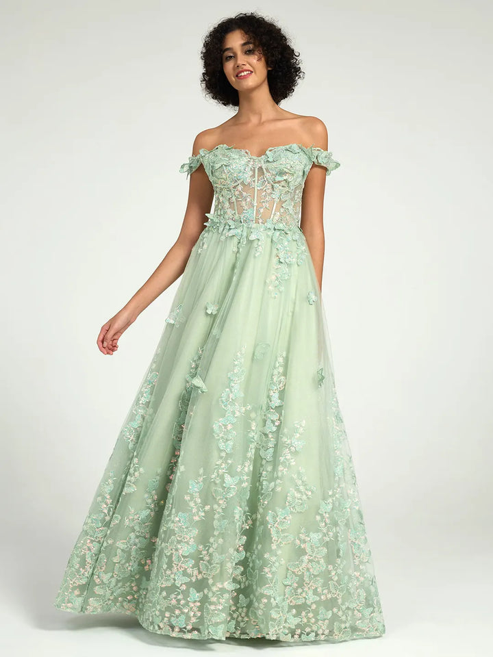 Off-the-Shoulder A-Line Maxi Dress with 3D Floral Appliques and Lace-Up Back