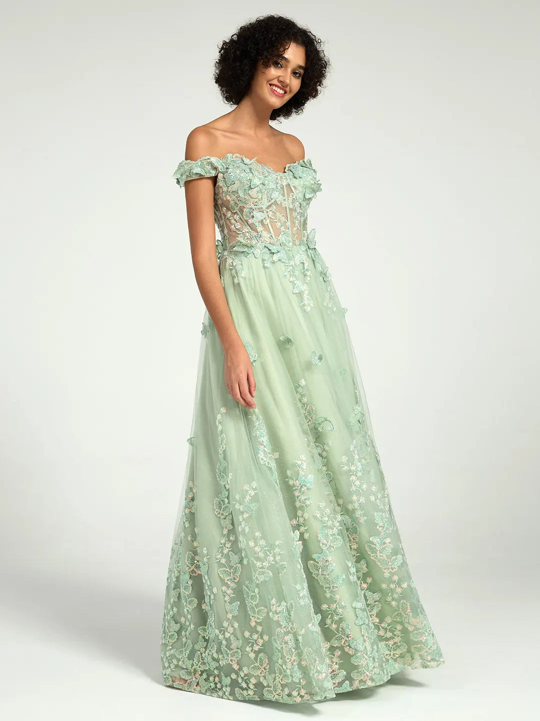 Off-the-Shoulder A-Line Maxi Dress with 3D Floral Appliques and Lace-Up Back