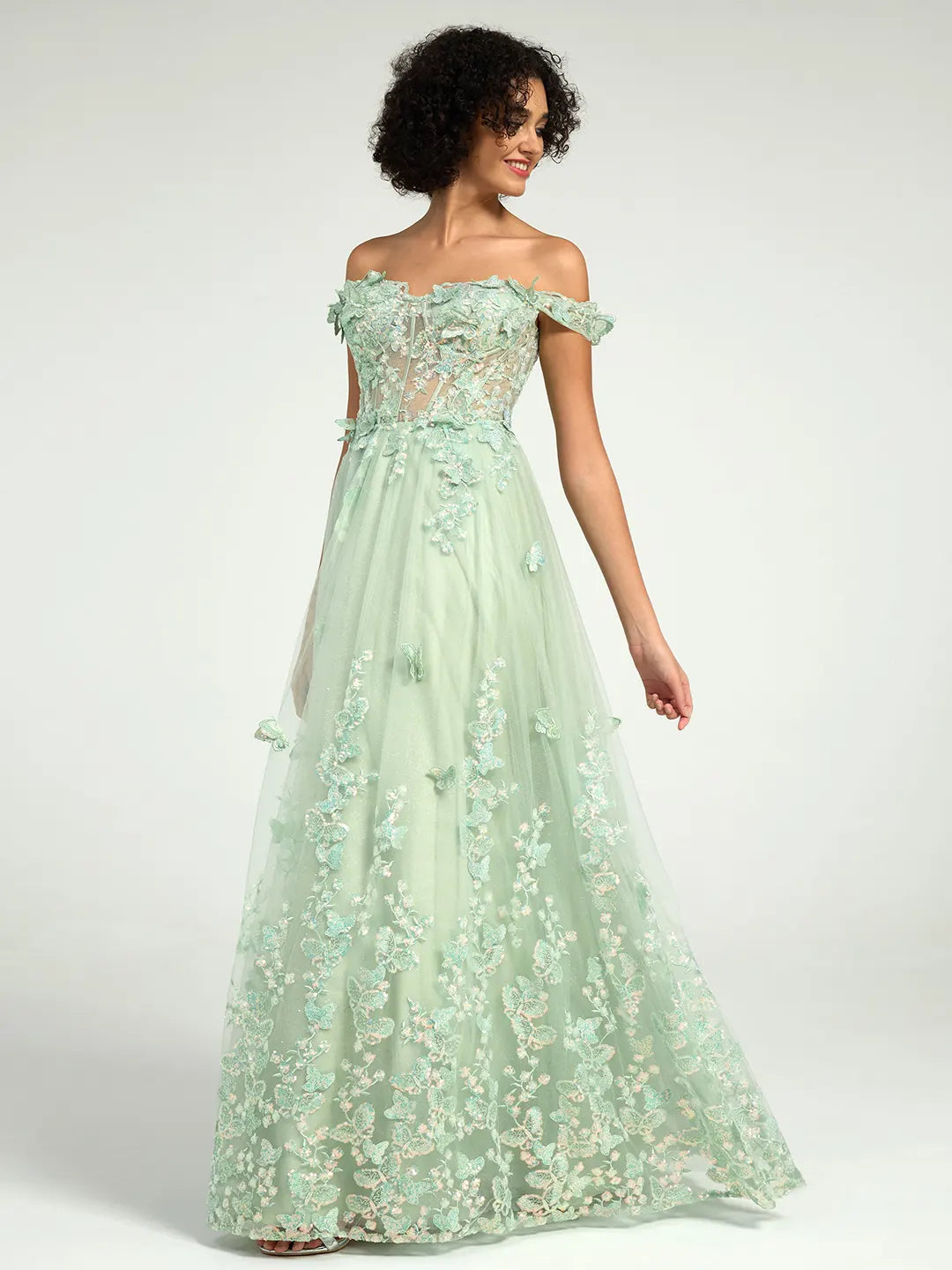 Off-the-Shoulder A-Line Maxi Dress with 3D Floral Appliques and Lace-Up Back