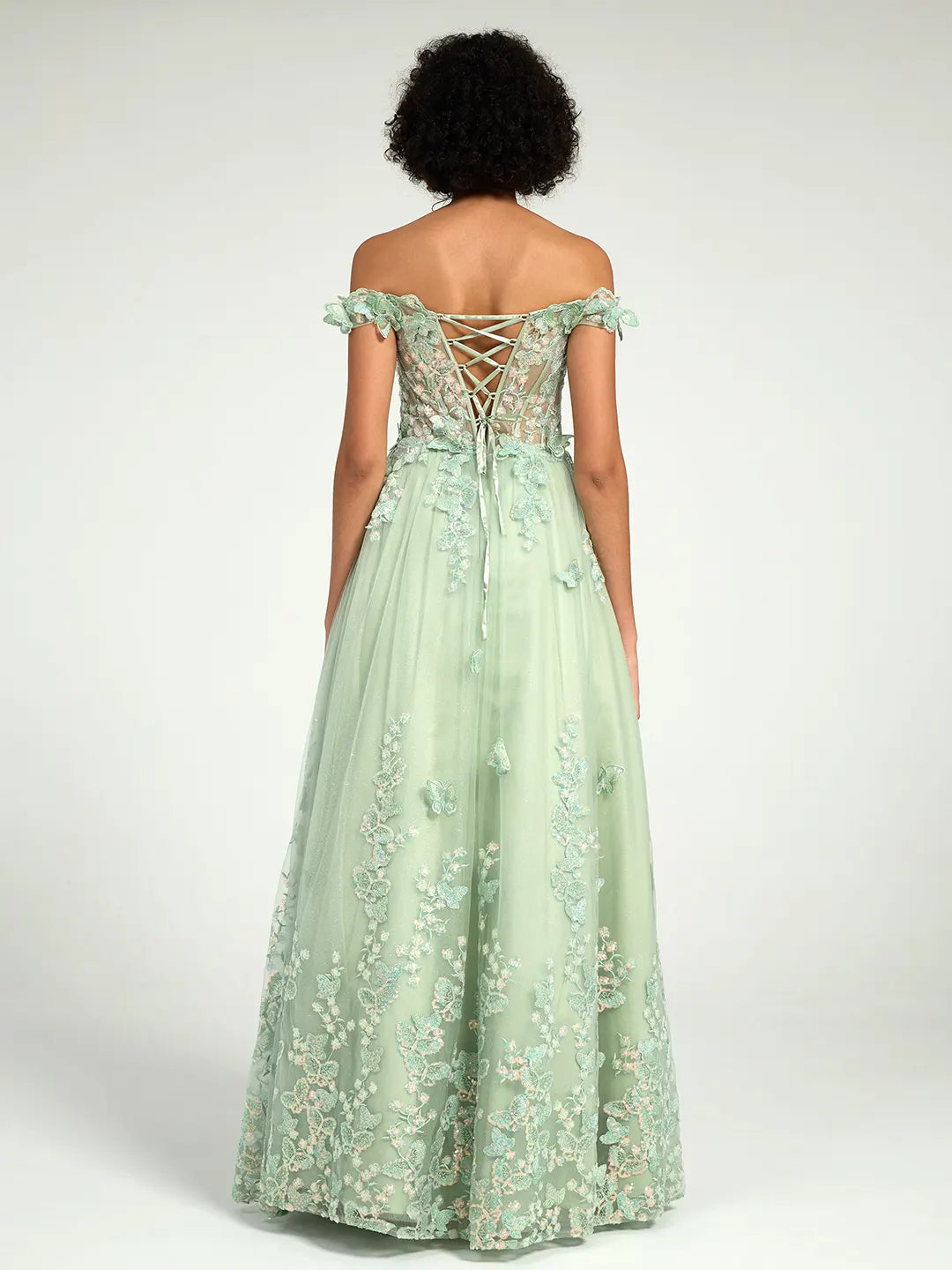 Off-the-Shoulder A-Line Maxi Dress with 3D Floral Appliques and Lace-Up Back