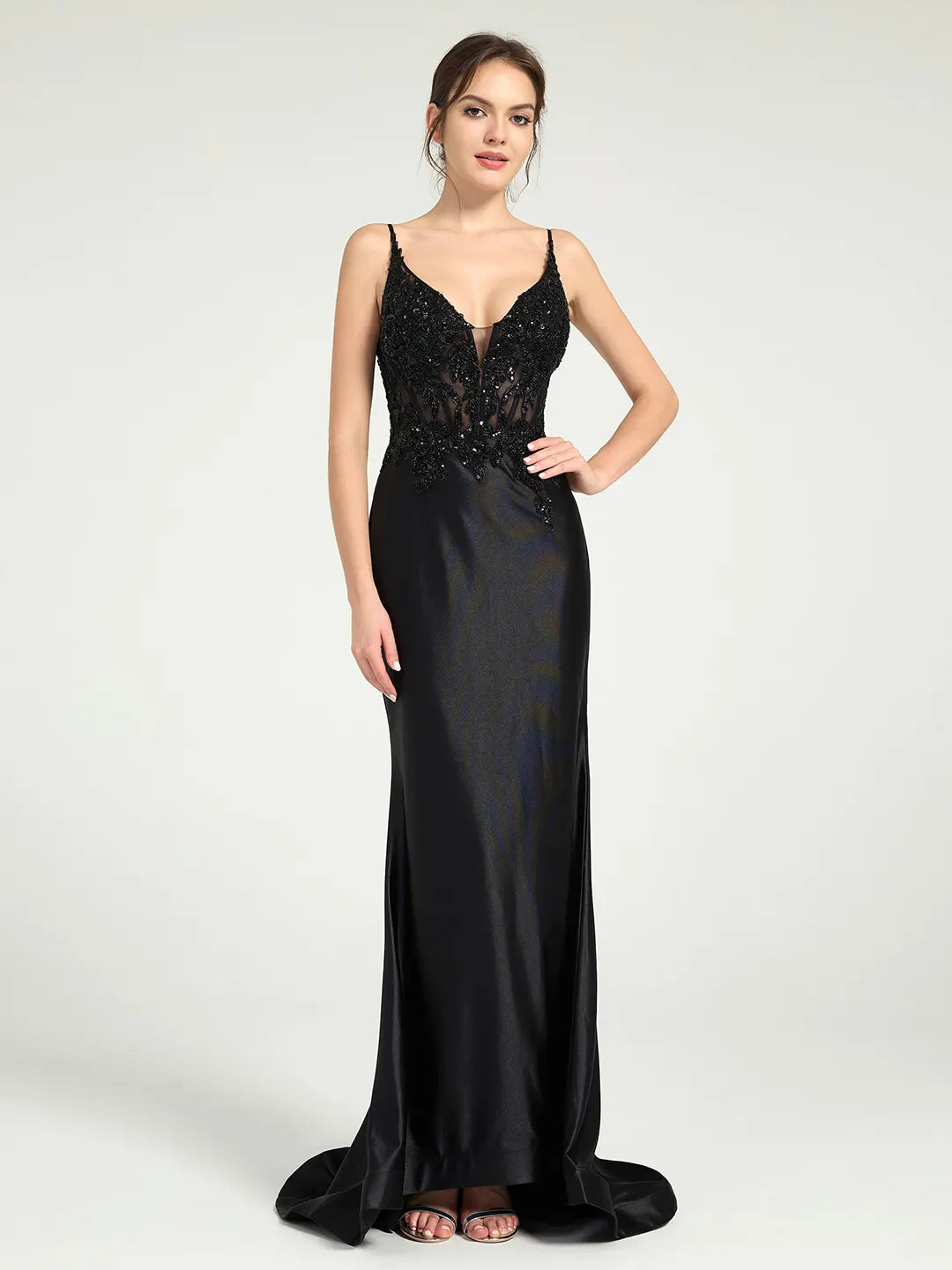 Sheer Bead & Lace Embellished Jersey Prom Gown with V-Neck and Asymmetrical Skirt