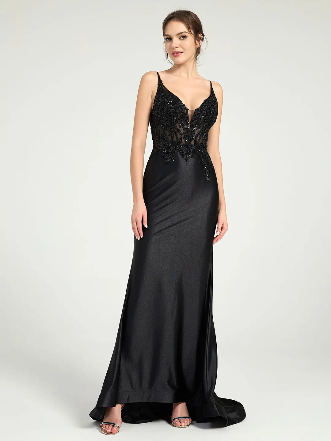 Sheer Bead & Lace Embellished Jersey Prom Gown with V-Neck and Asymmetrical Skirt