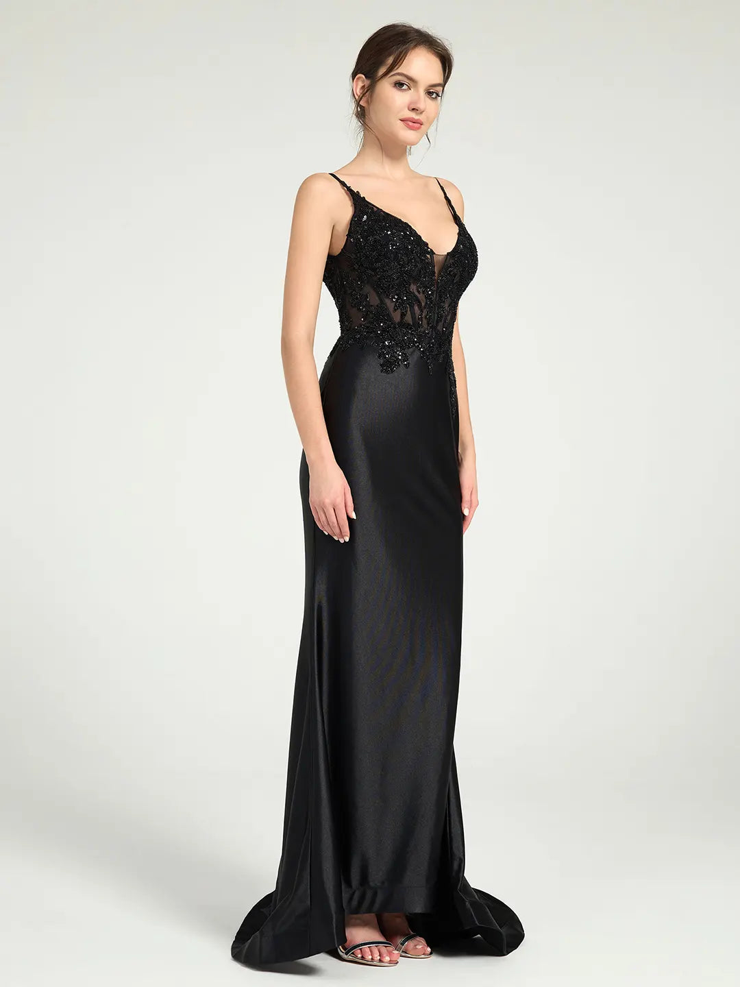 Sheer Bead & Lace Embellished Jersey Prom Gown with V-Neck and Asymmetrical Skirt