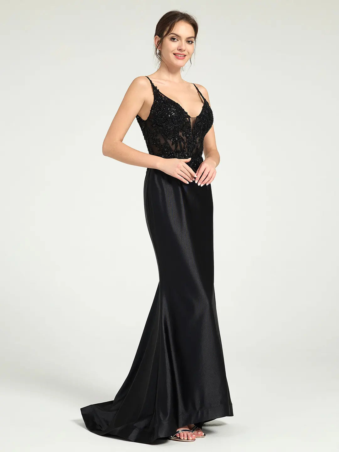 Sheer Bead & Lace Embellished Jersey Prom Gown with V-Neck and Asymmetrical Skirt