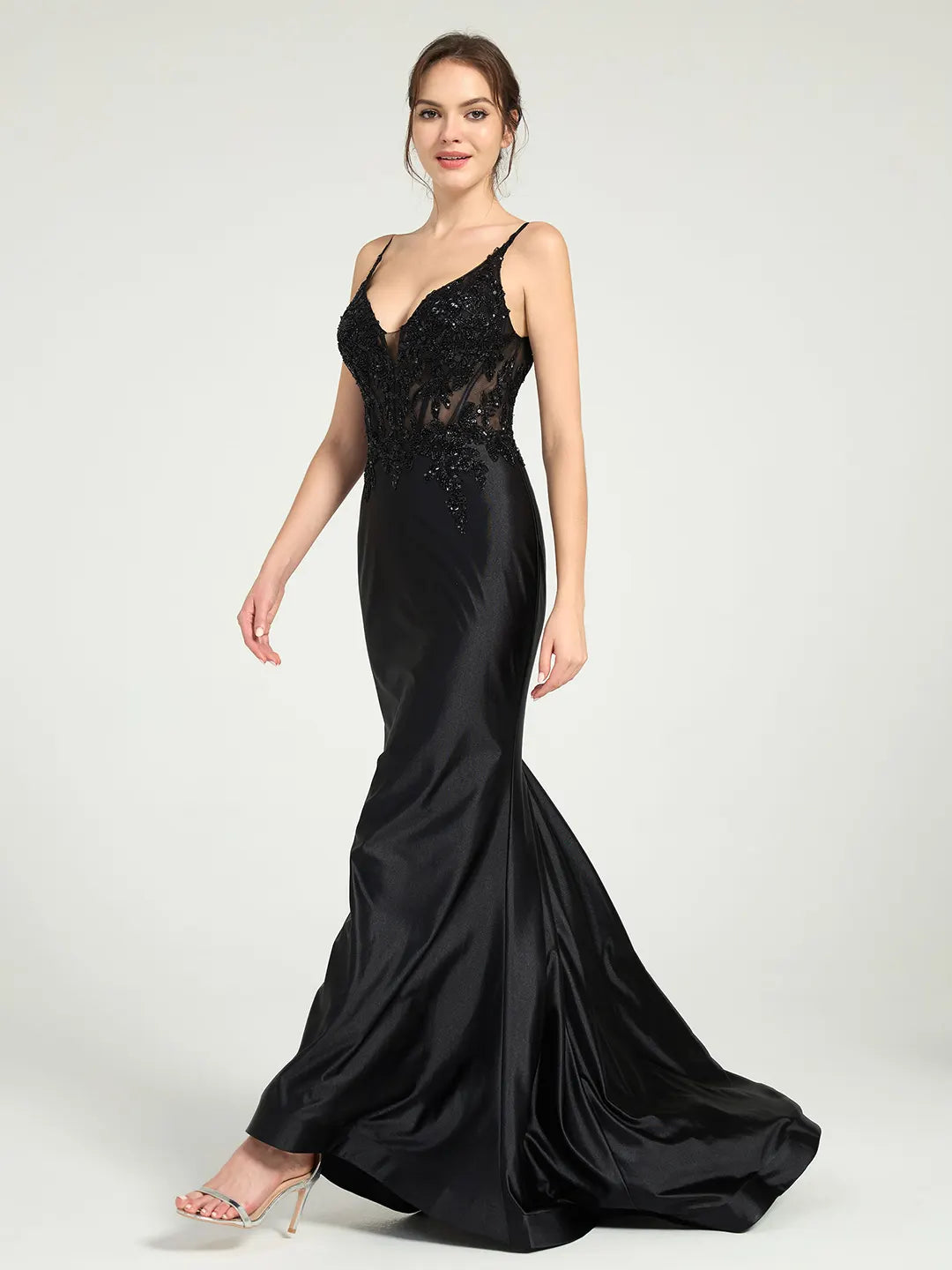 Sheer Bead & Lace Embellished Jersey Prom Gown with V-Neck and Asymmetrical Skirt