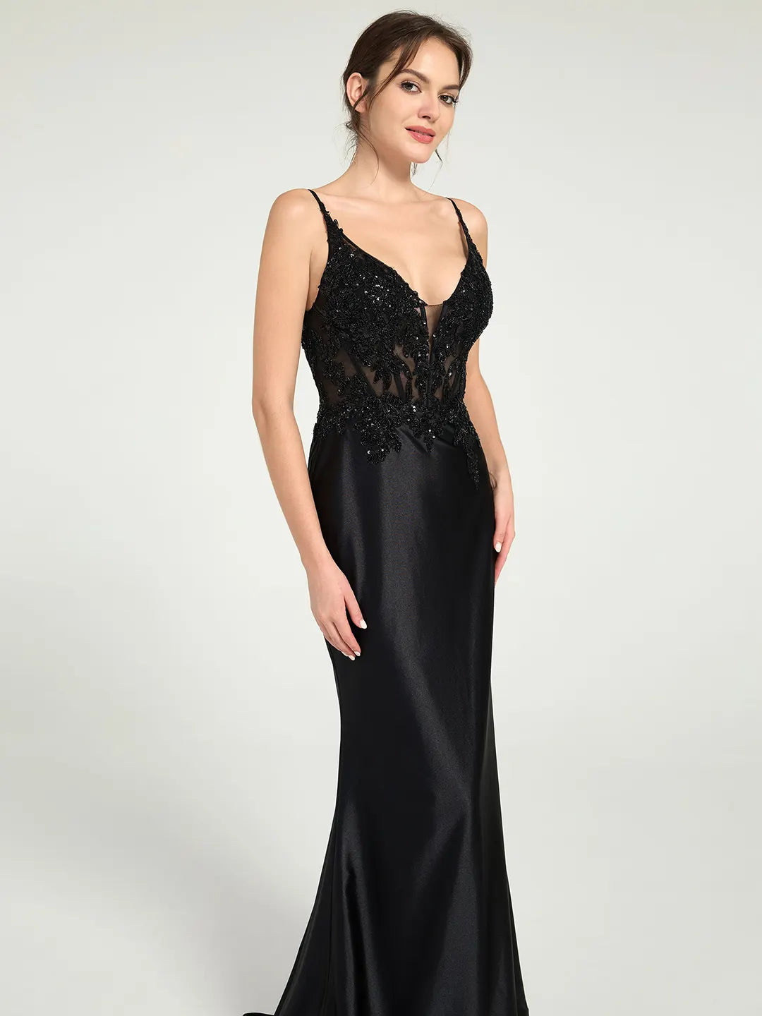 Sheer Bead & Lace Embellished Jersey Prom Gown with V-Neck and Asymmetrical Skirt