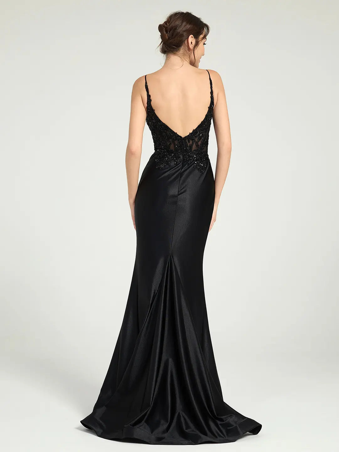 Sheer Bead & Lace Embellished Jersey Prom Gown with V-Neck and Asymmetrical Skirt