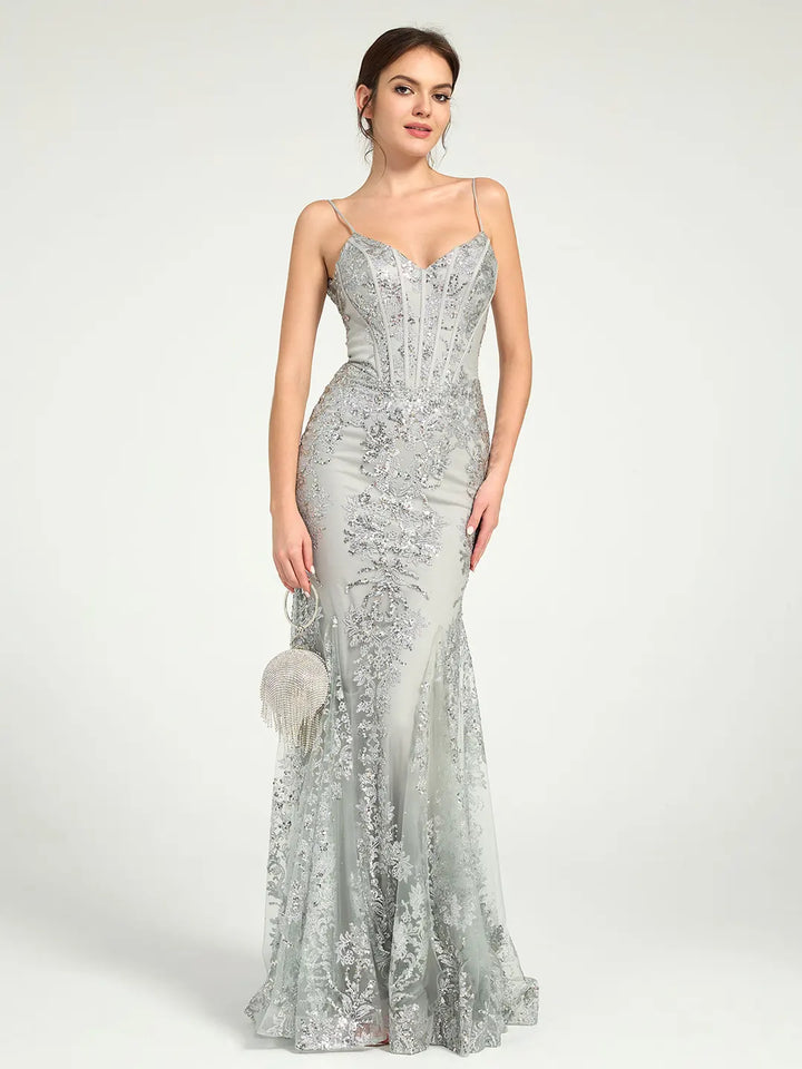 Silver Long Fit & Flare Corset Prom Dress with Glittering Floral Embellishments