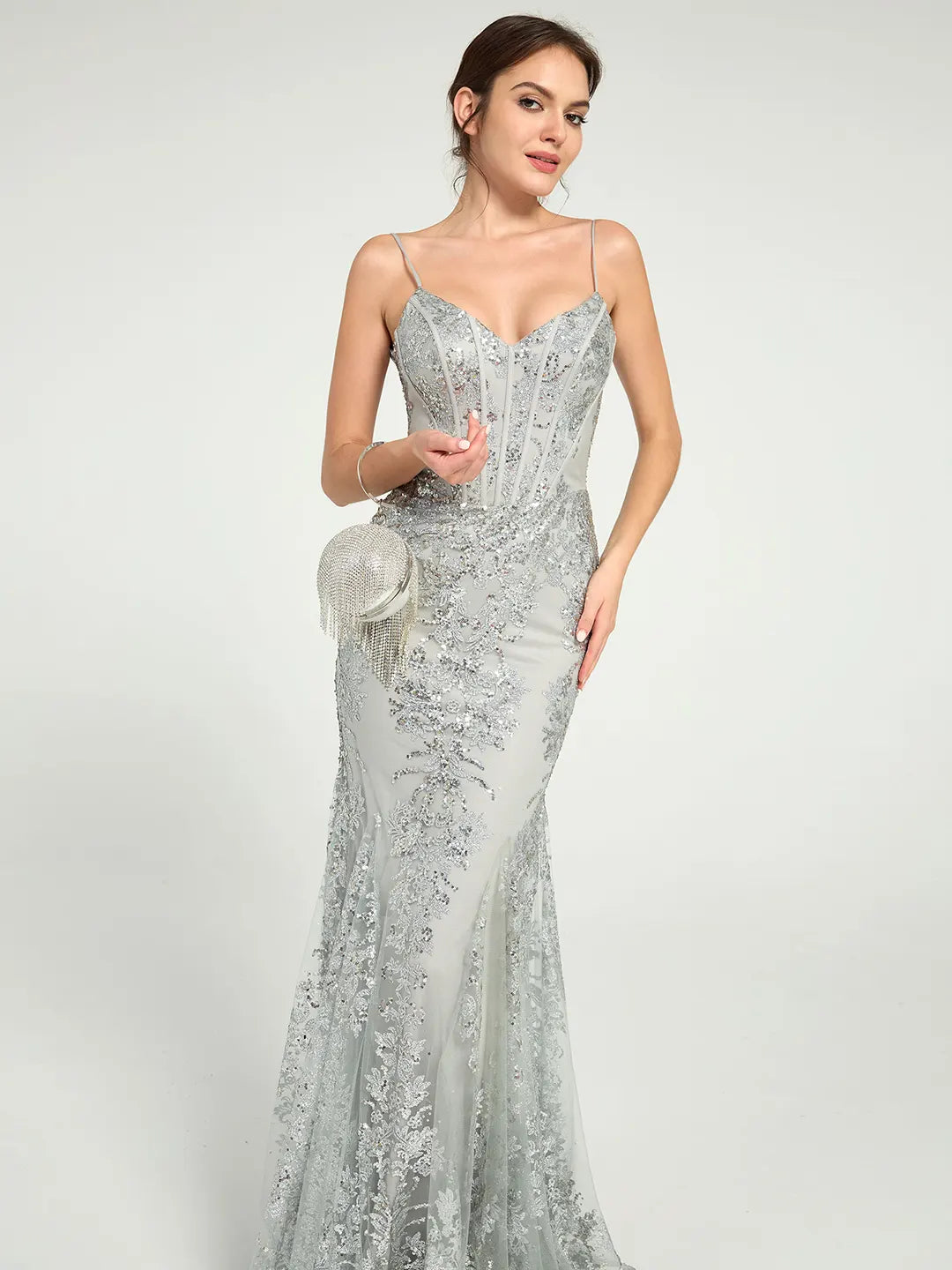 Silver Long Fit & Flare Corset Prom Dress with Glittering Floral Embellishments