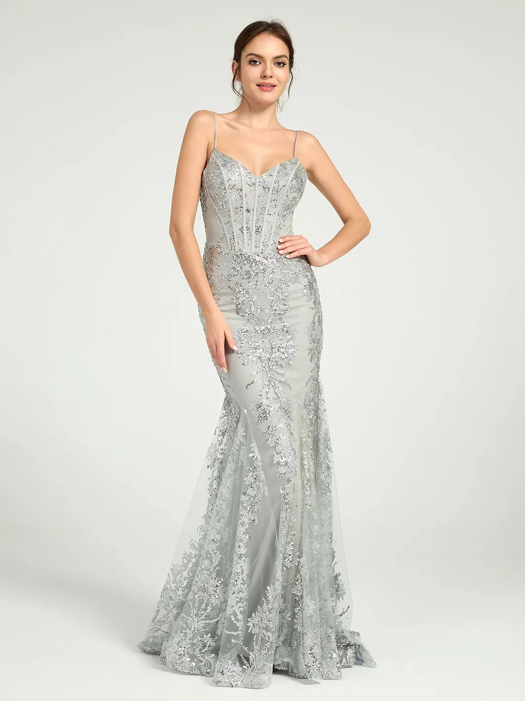 Silver Long Fit & Flare Corset Prom Dress with Glittering Floral Embellishments