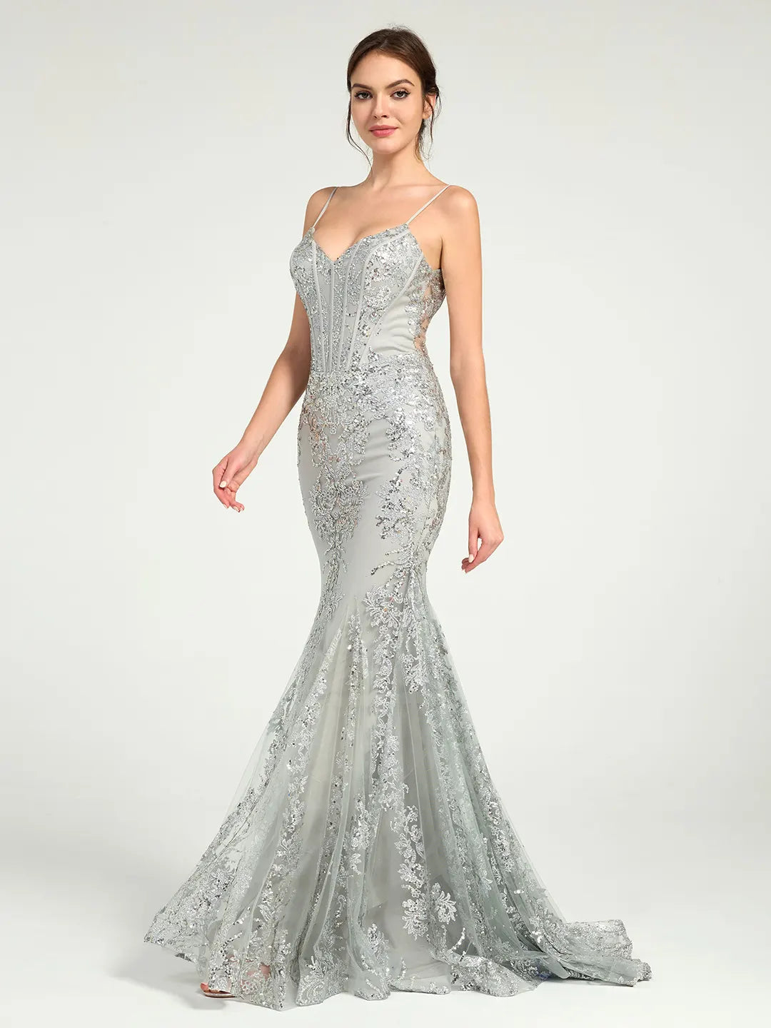 Silver Long Fit & Flare Corset Prom Dress with Glittering Floral Embellishments