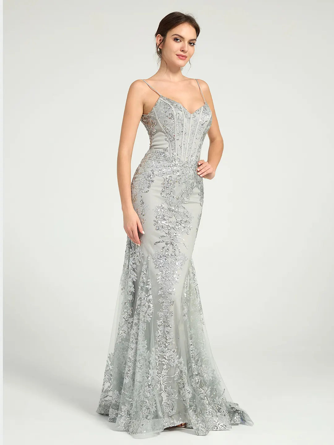 Silver Long Fit & Flare Corset Prom Dress with Glittering Floral Embellishments