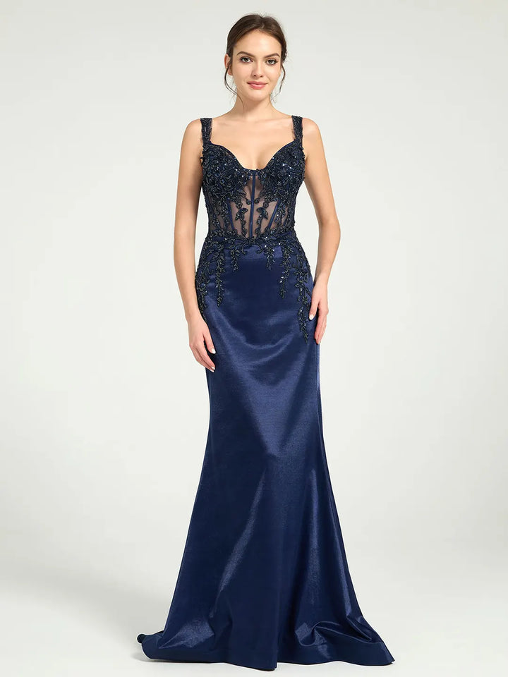 Stretch Jersey Fit & Flare Prom Gown with Sheer Bead & Lace Embellished Bodice