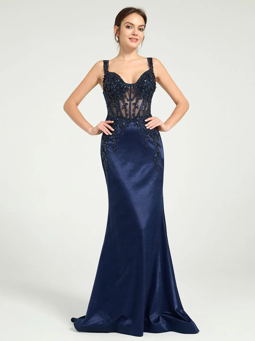 Stretch Jersey Fit & Flare Prom Gown with Sheer Bead & Lace Embellished Bodice