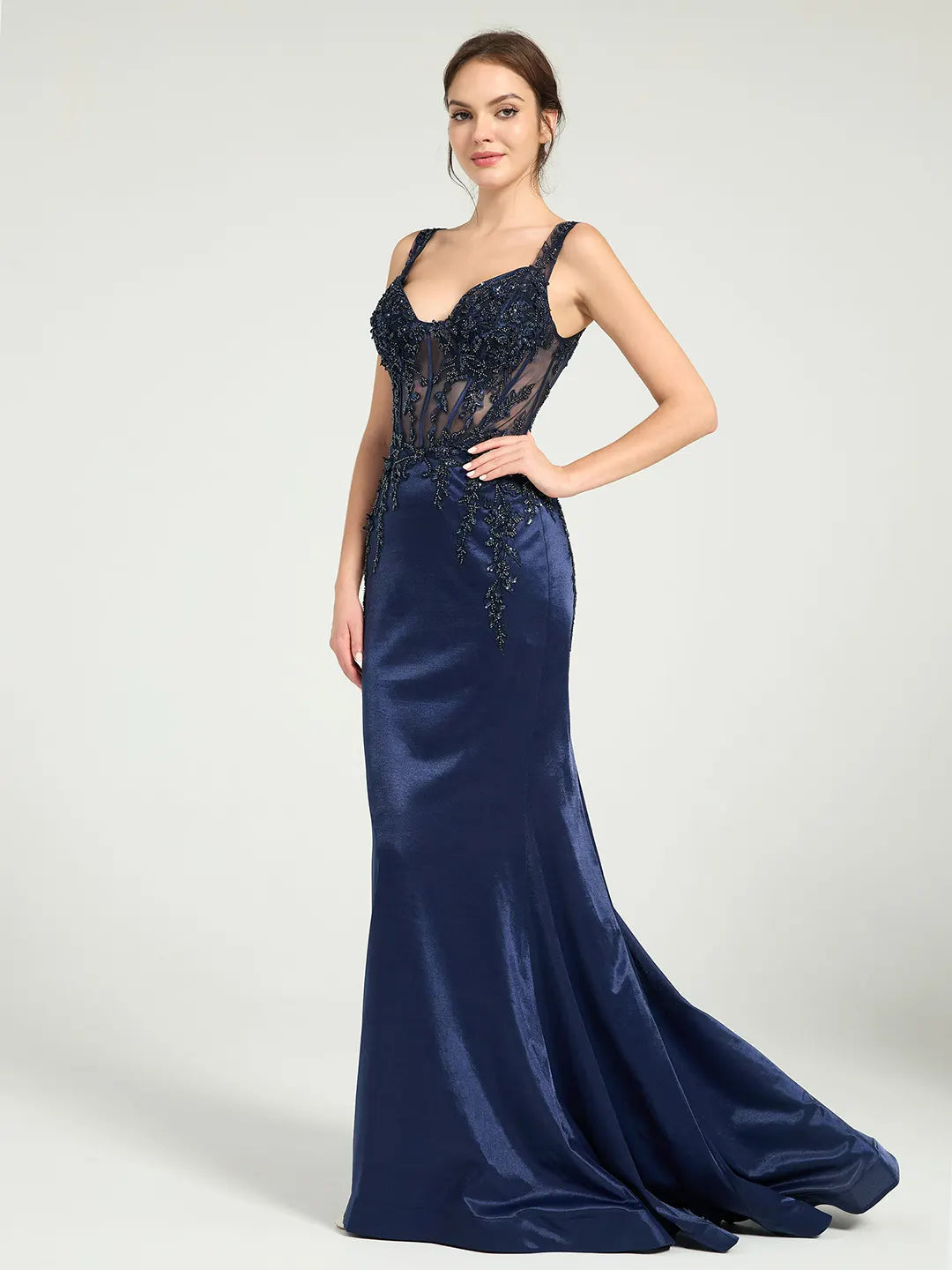 Stretch Jersey Fit & Flare Prom Gown with Sheer Bead & Lace Embellished Bodice