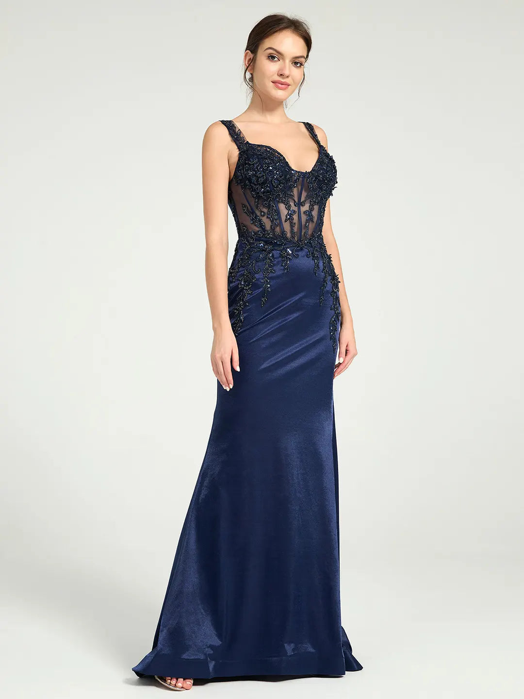 Stretch Jersey Fit & Flare Prom Gown with Sheer Bead & Lace Embellished Bodice