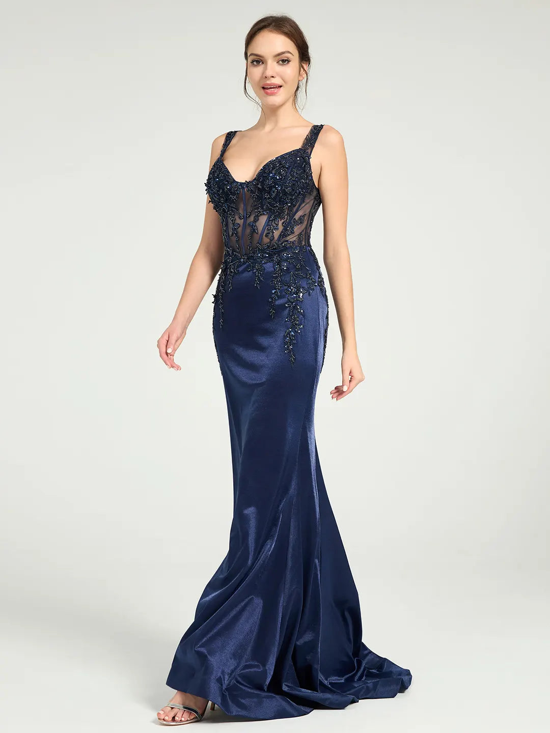 Stretch Jersey Fit & Flare Prom Gown with Sheer Bead & Lace Embellished Bodice