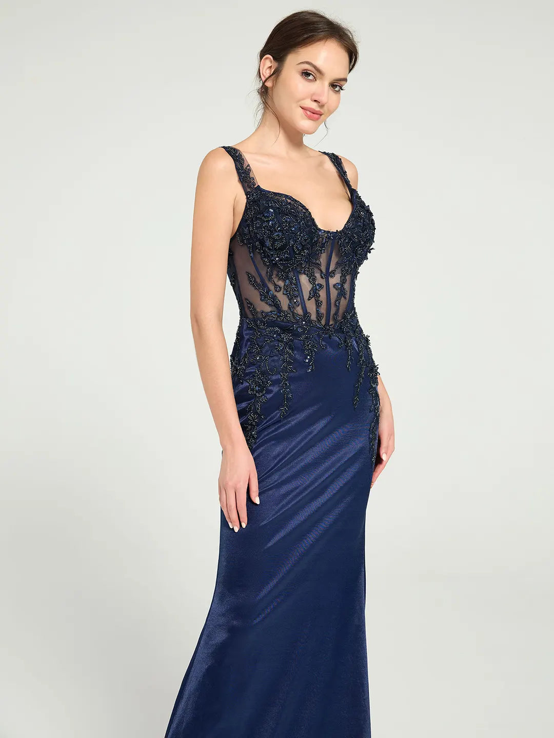 Stretch Jersey Fit & Flare Prom Gown with Sheer Bead & Lace Embellished Bodice