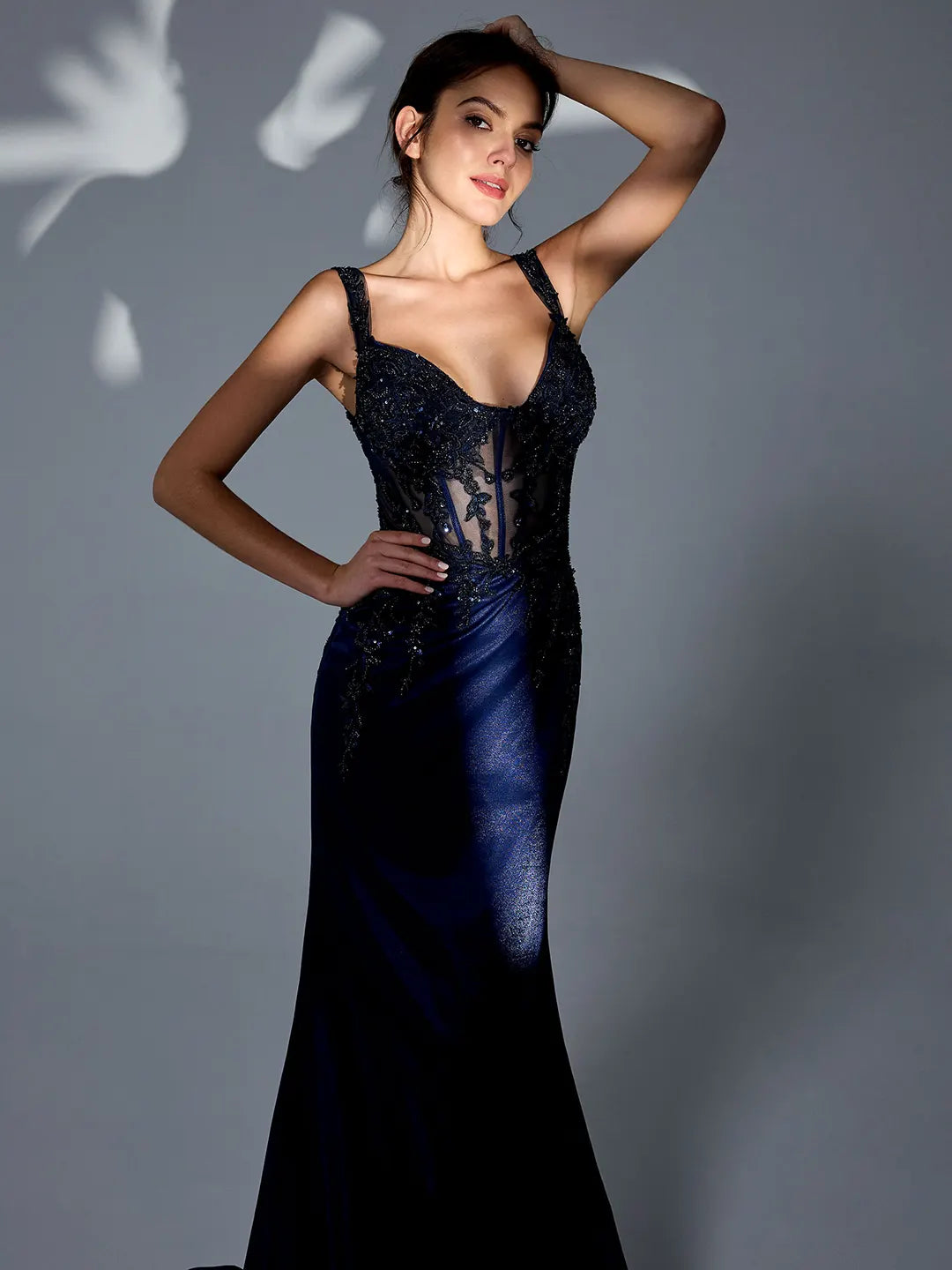 Stretch Jersey Fit & Flare Prom Gown with Sheer Bead & Lace Embellished Bodice