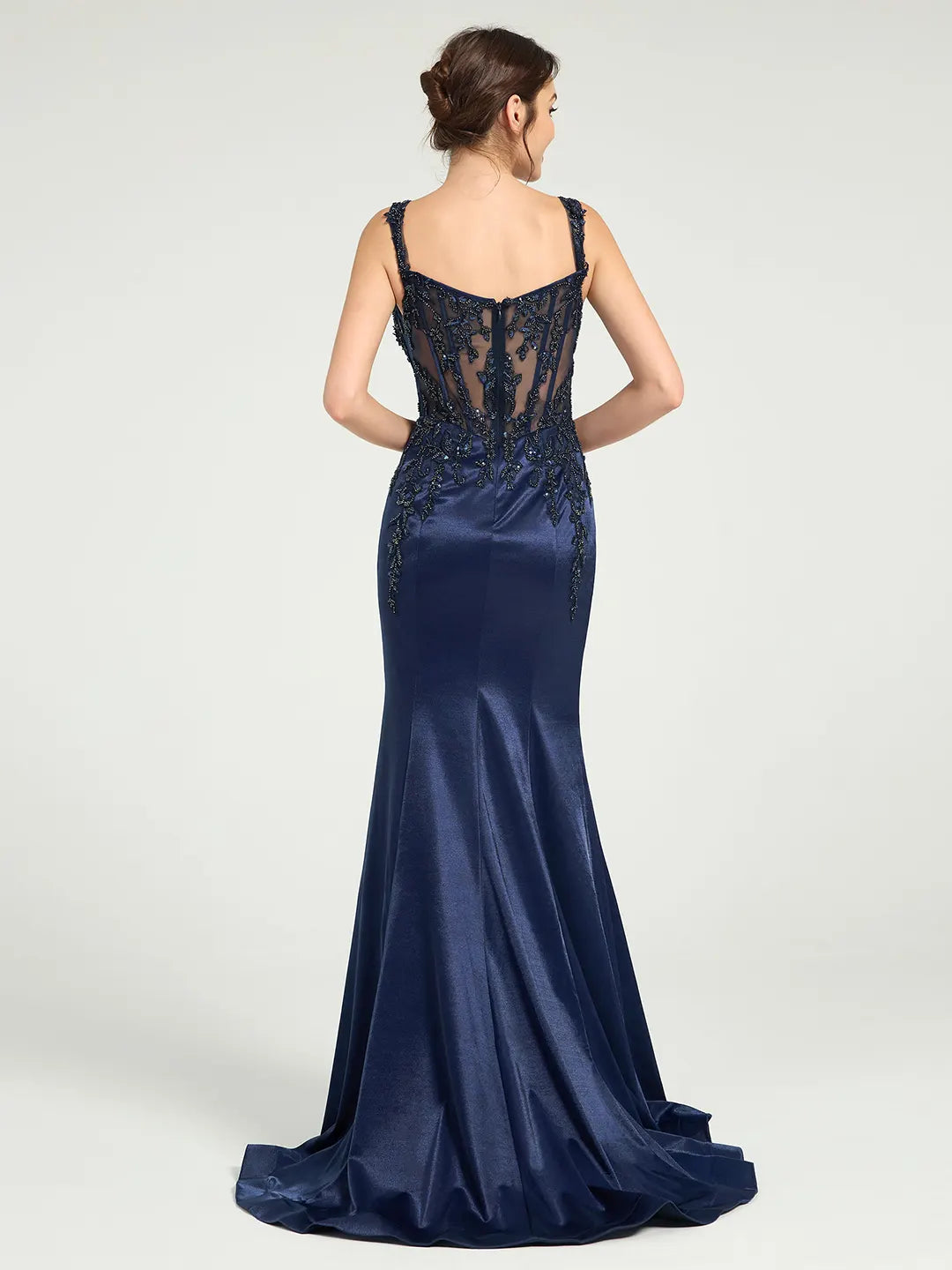 Stretch Jersey Fit & Flare Prom Gown with Sheer Bead & Lace Embellished Bodice