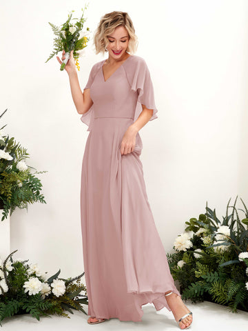 Dusty Rose Bridesmaid Dresses Bridesmaid Dress A-line Chiffon V-neck Full Length Short Sleeves Wedding Party Dress (81224409)#color_dusty-rose