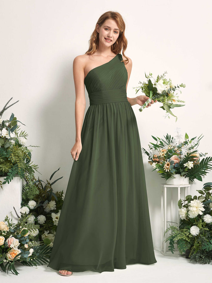 Bridesmaid Dress A-line Chiffon One Shoulder Full Length Sleeveless Wedding Party Dress - Martini Olive (81226707)