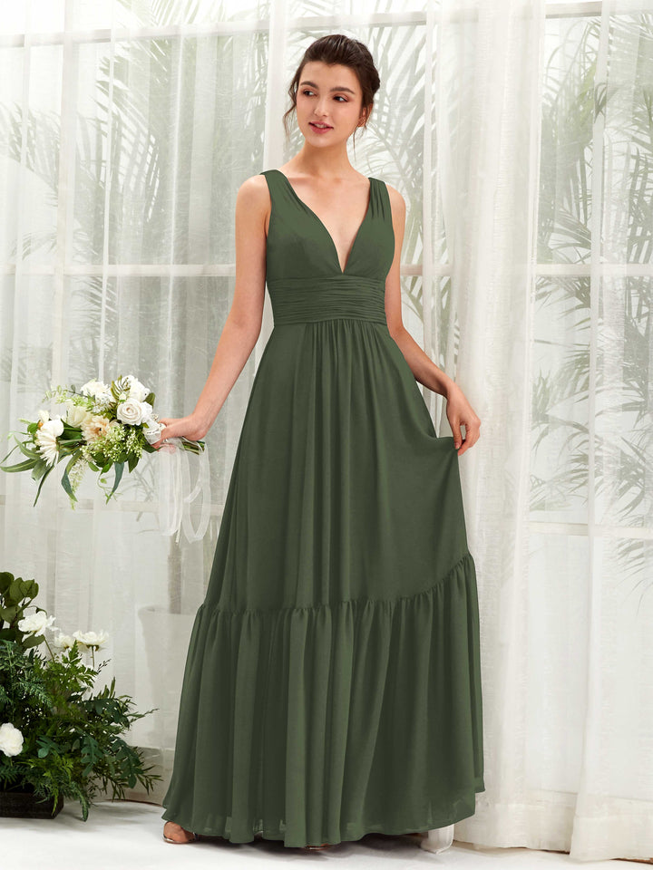 Martini Olive Bridesmaid Dresses Bridesmaid Dress A-line Chiffon Straps Full Length Sleeveless Wedding Party Dress (80223707)