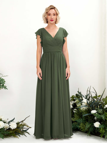 Martini Olive Bridesmaid Dresses Bridesmaid Dress A-line Chiffon V-neck Full Length Short Sleeves Wedding Party Dress (81222707)#color_martini-olive