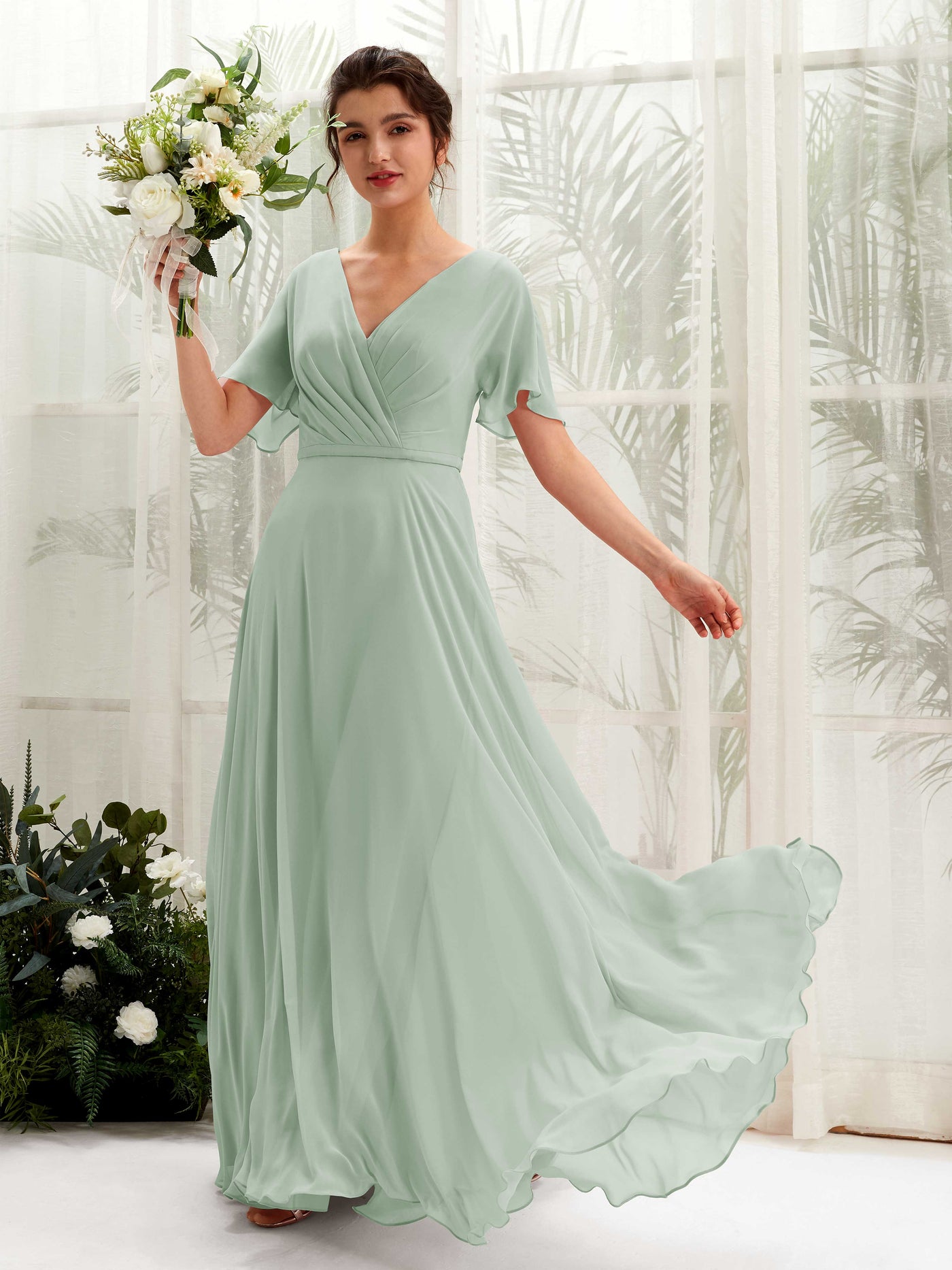 Sage Green Maxi Dress - Short Sleeve Dress - V neck Dress – Carlyna