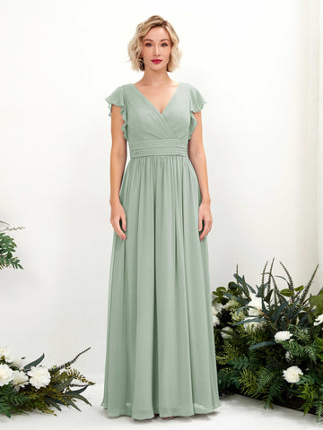 Sage Green Bridesmaid Dresses Bridesmaid Dress A-line Chiffon V-neck Full Length Short Sleeves Wedding Party Dress (81222705)#color_sage-green