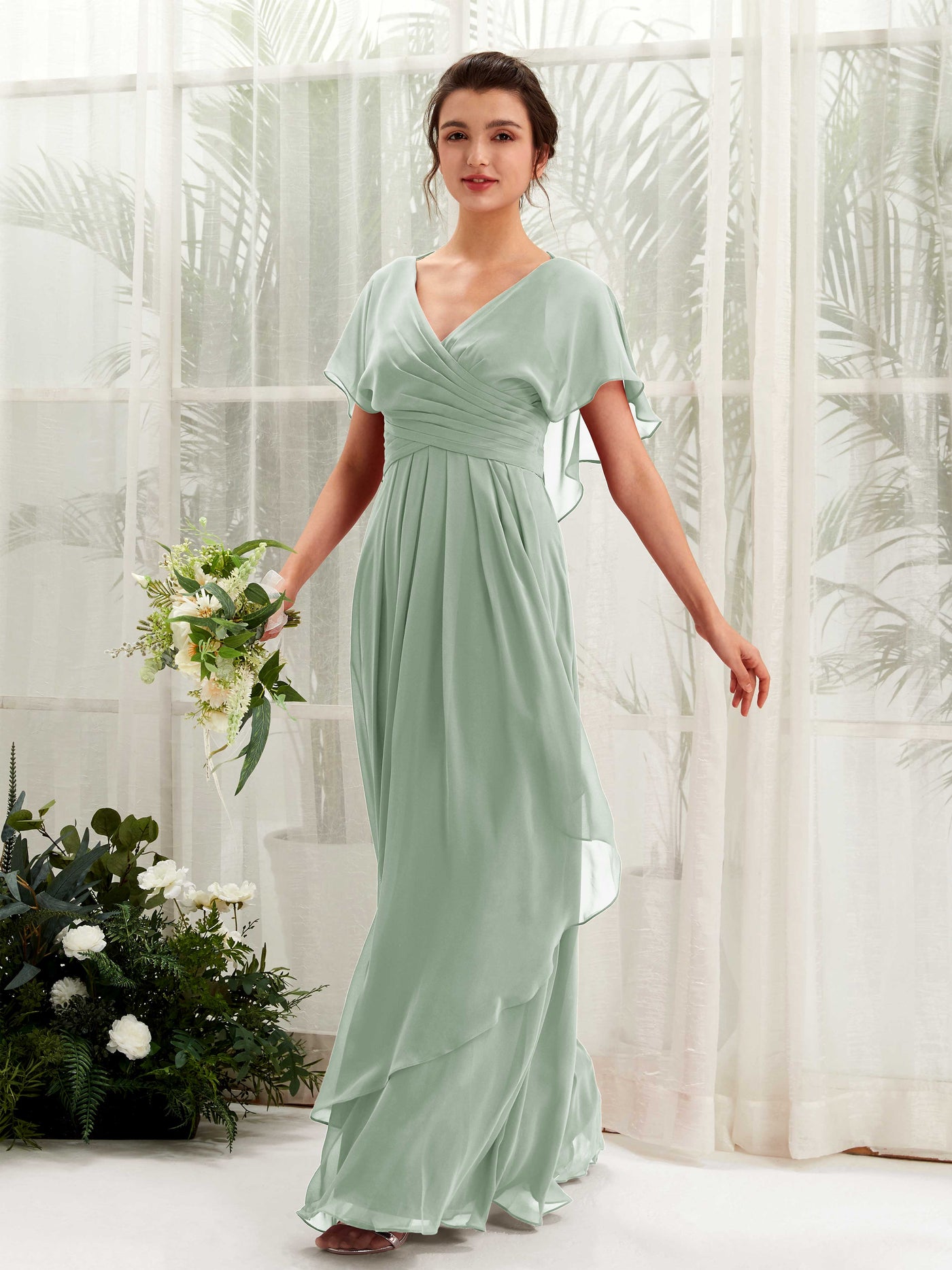 Sage green chiffon infinity bridesmaid dress wedding guest 