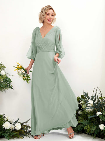 Sage Green Bridesmaid Dresses Bridesmaid Dress Chiffon V-neck Full Length Long Sleeves Wedding Party Dress (81223505)#color_sage-green