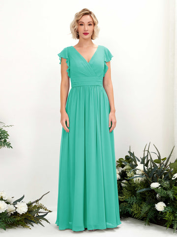 Tiffany Bridesmaid Dresses Bridesmaid Dress A-line Chiffon V-neck Full Length Short Sleeves Wedding Party Dress (81222732)#color_tiffany