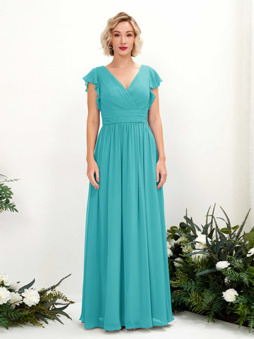 Carlyna Grino A-Line Turquoise Bridesmaid Dress Maxi Cap Sleeve V-Neck Dress #color_turquoise