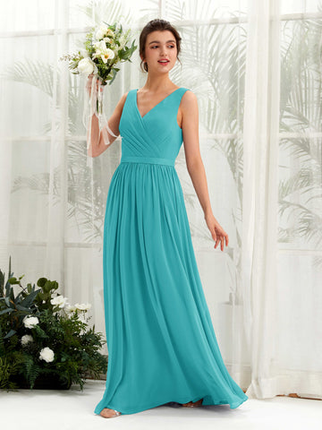 Carlyna Barbara A-Line Turquoise Bridesmaid Dress Maxi Sleeveless V-Neck Dress #color_turquoise