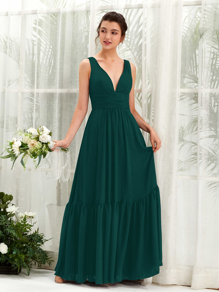 Dark Emerald Bridesmaid Dresses Bridesmaid Dress A-line Chiffon Straps Full Length Sleeveless Wedding Party Dress (80223717)