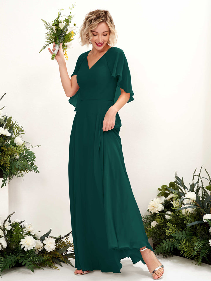 Dark Emerald Bridesmaid Dresses Bridesmaid Dress A-line Chiffon V-neck Full Length Short Sleeves Wedding Party Dress (81224417)