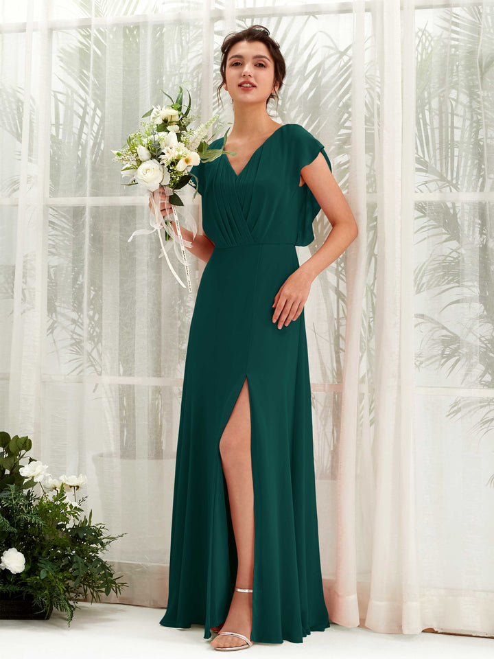 Dark Emerald Bridesmaid Dresses Bridesmaid Dress A-line Chiffon V-neck Full Length Short Sleeves Wedding Party Dress (81225617)