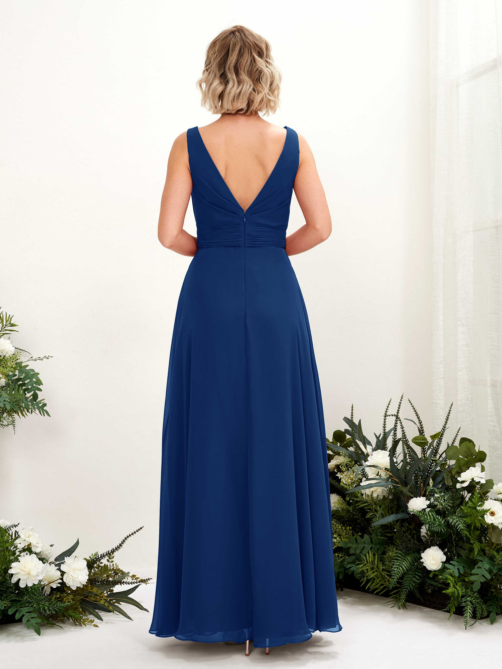 V-Neck deals V-Back Royal Blue Chiffon Short Bridesmaid Dress