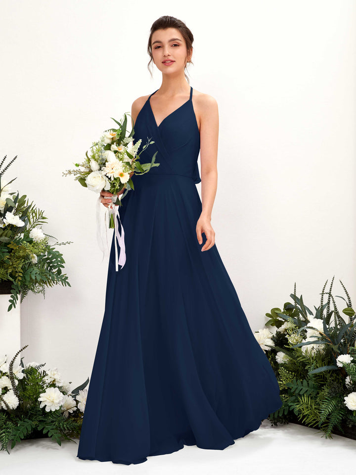 Halter V-neck Sleeveless Chiffon Bridesmaid Dress - Navy (81221013)