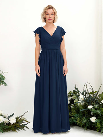 Navy Bridesmaid Dresses Bridesmaid Dress A-line Chiffon V-neck Full Length Short Sleeves Wedding Party Dress (81222713)#color_navy